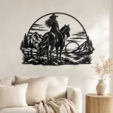 Arte mural de metal Western Rider Sunset | Decoración ecuestre