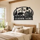 Personalized Bear Cabin Metal Wall Art with Mountain Scene - lifestyle view 2