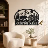 Personalized Bear Cabin Metal Wall Art with Mountain Scene - lifestyle view 5
