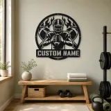 Personalized Football Player Crossed Balls Flame Metal Wall Art - lifestyle view 4