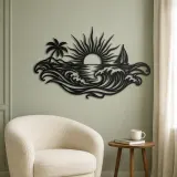 Rising Sun over Waves Metal Wall Art | Celestial Boho Wall Decor - lifestyle view 2