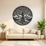 Tree and Mountain Circle Metal Wall Art | Botanical Metal Wall Decor