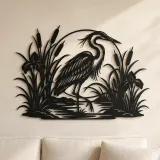 Reiher Schilf Garten Metall-Wandkunst | Tierwelt Silhouette Dekoration