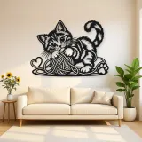 Playful Kitten Yarn Metal Wall Art | Pet Lover Silhouette Decor