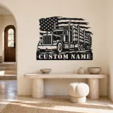 Personalized Logging Semi Truck Metal Wall Art with American Flag - lifestyle view 3