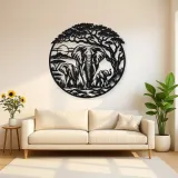 Elephant Tree Circle Metal Wall Art | Wildlife Silhouette Decor