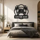 Personalized Firefighter Helmet Metal Wall Art with Crossed Axes - lifestyle view 3