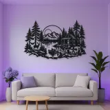 Lakeside Forest Cabin Metal Wall Art | Nature Silhouette Decor
