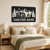 Personalized Travel Trailer Metal Wall Art with Campfire - lifestyle view 2