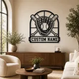 Cartel de metal personalizado guante de béisbol, pelota y bates cruzados
