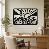 Personalized Lighthouse Metal Wall Art with Ocean Waves - lifestyle view 4
