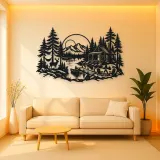 Lakeside Forest Cabin Metal Wall Art | Nature Silhouette Decor
