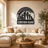 Décoration murale en métal personnalisée pour une famille de quatre avec chien et moto
