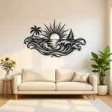 Rising Sun over Waves Metal Wall Art | Celestial Boho Wall Decor