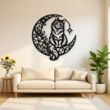 Cat on Moon Arc Metal Wall Art | Pet Lover Silhouette Decor