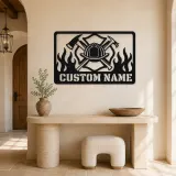 Personalized Firefighter Helmet Metal Wall Art with Flames - lifestyle view 3