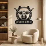Personalized Longhorn Ranch Metal Wall Art with Horseshoe Frame - lifestyle view 5