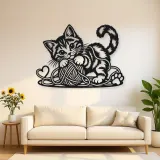 Playful Kitten Yarn Metal Wall Art | Pet Lover Silhouette Decor