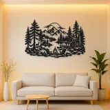 Campfire in the Pines Metal Wall Art | Nature Silhouette Decor