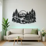 Lakeside Forest Cabin Metal Wall Art | Nature Silhouette Decor