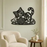 Playful Kitten Yarn Metal Wall Art | Pet Lover Silhouette Decor - lifestyle view 2