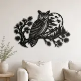 Arte mural de metal búho y rama de luna | Decoración de silueta de vida salvaje