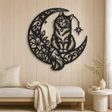 Cat on Moon Arc Metal Wall Art | Pet Lover Silhouette Decor - lifestyle view 5