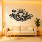 Rising Sun over Waves Metal Wall Art | Celestial Boho Wall Decor