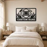 Personalized Firefighter Helmet Metal Wall Art with Flames - lifestyle view 2