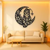 Cat on Moon Arc Metal Wall Art | Pet Lover Silhouette Decor