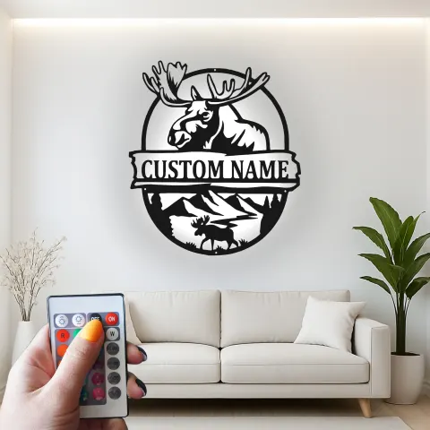 Custom Moose Led Light Metal Wall Art Personalized Gift for Nature Lovers Cabin Decor with Mountain Scene alternate view