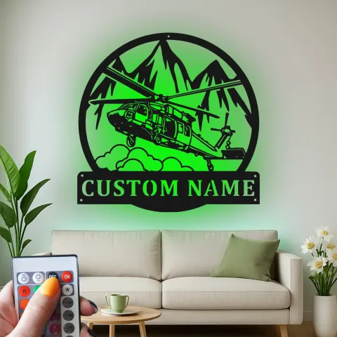 Vista alternativa de Regalo para piloto de helicóptero | Decoración mural de metal LED personalizada | Decoración aeronáutica a medida para sala de ocio y oficina