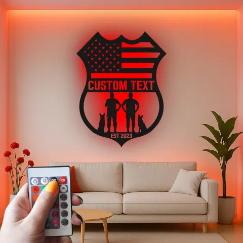 Vista alternativa de Letrero LED de oficial de policía y unidad K9 | Arte de metal personalizado de aplicación de la ley | Escudo de bandera americana personalizado | Regalo para oficial de policía
