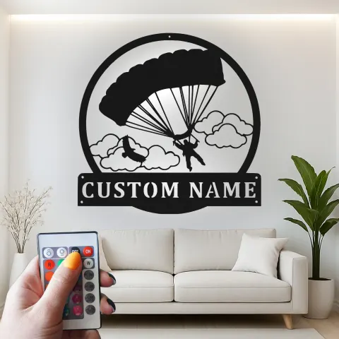 Vue alternative de Panneau LED Personnalisé de Parachutiste | Décoration Murale en Métal Personnalisée | Décoration Sportive Aventure | Plaque Nom Rétroéclairée pour Aviateur