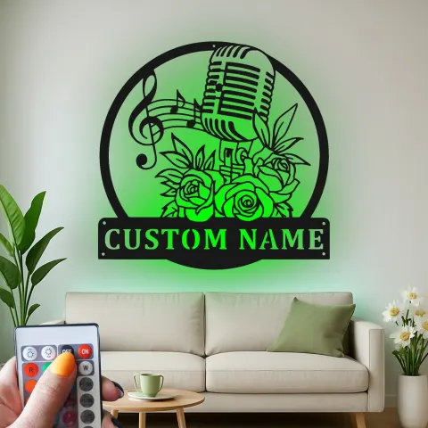 Vista alternativa de Cartel de metal personalizado de micrófono | Arte mural LED Art Deco | Regalo personalizado para músicos | Decoración retro para estudios de música