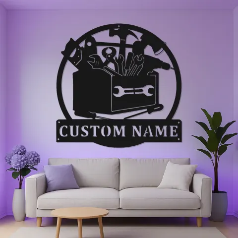 Vista alternativa di Insegna LED Toolbox Personalizzata | Arte Murale in Metallo Personalizzata | Decorazione per Laboratorio e Garage | Regalo per Falegname o Artigiano