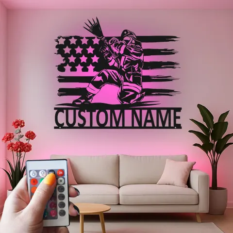 Personalisierte Feuerwehr LED-Leuchte | Individuelle Metall-Wandkunst mit amerikanischer Flagge | Patriotisches Geschenk für Feuerwehrmänner | Wanddekoration für die Feuerwache alternative Ansicht