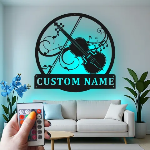 Vista alternativa de Cartel de metal LED de violín personalizado, regalo para músico, decoración de sala de música para amantes del violín