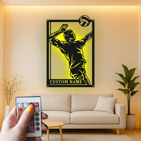 Vue alternative de Décoration murale en métal personnalisée joueur de volleyball avec rétroéclairage LED, cadeau sportif personnalisé pour athlètes, décoration de salle de jeux