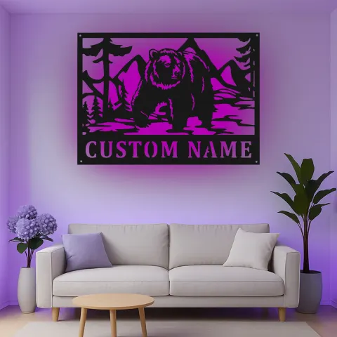 Vista alternativa de Cartel de metal LED de montaña Bear personalizado regalo para amantes de la naturaleza decoración de cabaña o refugio
