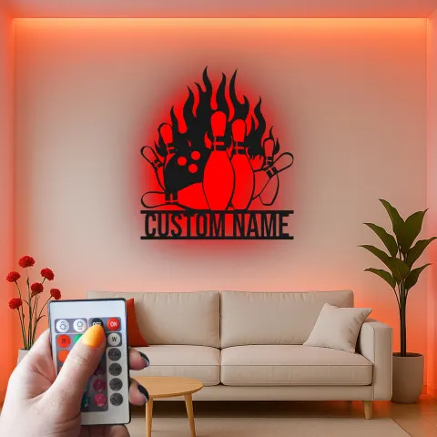 Personalisierte LED-beleuchtete Metall-Wandkunst mit Bowlingkegeln – Geschenk für Bowling-Enthusiasten und Spielzimmer-Dekor 1 alternative Ansicht