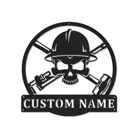Cartel de metal personalizado para trabajador de la construcción | Arte mural LED de calavera para hombre de maquinaria pesada | Regalo personalizado para constructor con casco y herramientas cruzadas
