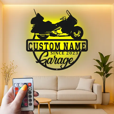 Personalisierte Motorrad Garagenschild | LED Metall-Wandkunst für Männerzimmer | Individuelles Biker Papa Geschenk | Cruiser Bike Dekor alternative Ansicht