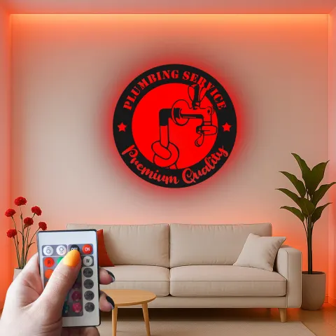 Vista alternativa di Insegna per Idraulico Personalizzata con LED | Insegna in Metallo per Servizi Idraulici | Decorazione Retro per Garage e Man Cave