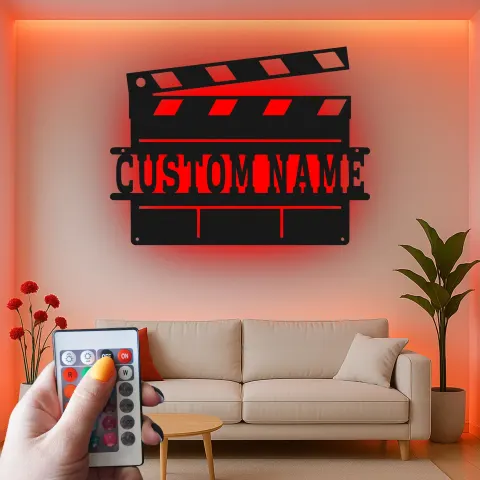 Vista alternativa de Cartel personalizado de claqueta de cine | Decoración mural de metal con LED para sala de cine en casa | Pizarra de cine personalizada | Regalo para cinéfilos