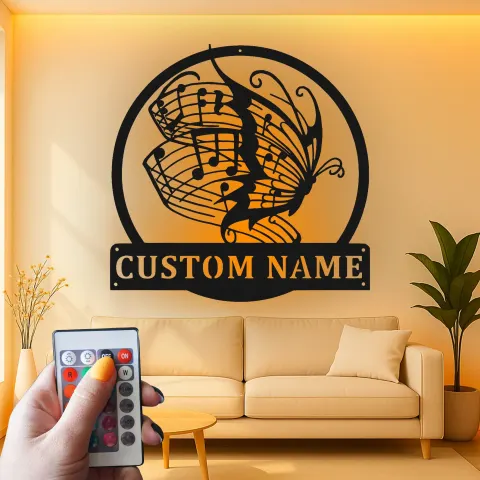 Vista alternativa de Cartel de metal personalizado con luz LED de notas musicales y mariposa, regalo personalizado para amantes de la música, decoración para dormitorio o estudio