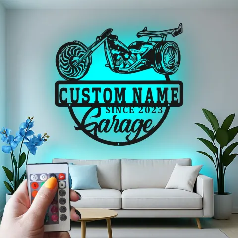 Vue alternative de Décoration murale en métal LED personnalisée pour garage de moto - Cadeau personnalisé pour motards, décoration de man cave ou de garage