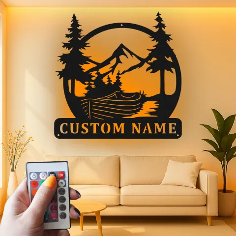Personalisierte Metalltafel mit Bergmotiv | LED-Wandkunst für die Hütte | Rustikales Naturmotiv für Lodge, Büro & Zuhause alternative Ansicht