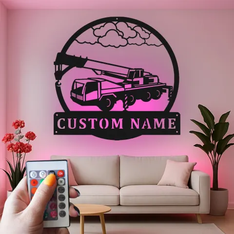 Vista alternativa de Cartel de metal LED de camión de grúa personalizado, regalo para entusiastas de la construcción, decoración para garaje u oficina