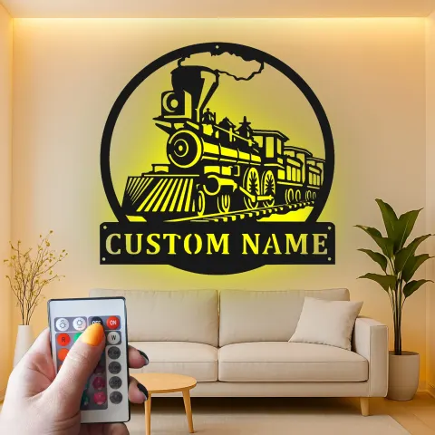 Custom Train Locomotive Led Light Metal Wall Art Personalized Gift for Train Enthusiasts Kids Room Decor 1 alternate view